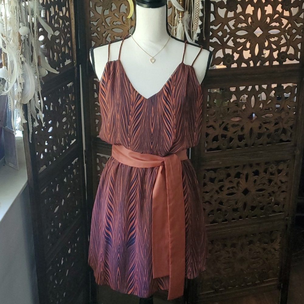 Cinch Waist Navy & Orange Dress